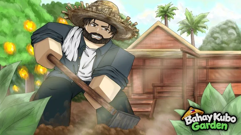 Key art of a farmer in a straw hat with a hoe, planting in front of a wooden bahay kubo, with fruit trees and palms behind him.
